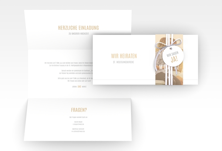Hochzeitseinladung Memory Wickelfalzkarte + Banderole beige hochglanz
