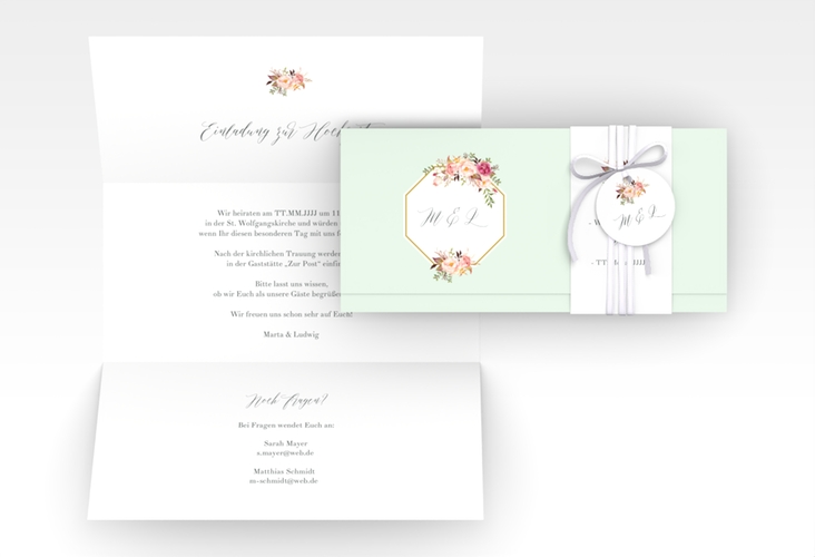 Hochzeitseinladung Prachtvoll Wickelfalzkarte + Banderole mint
