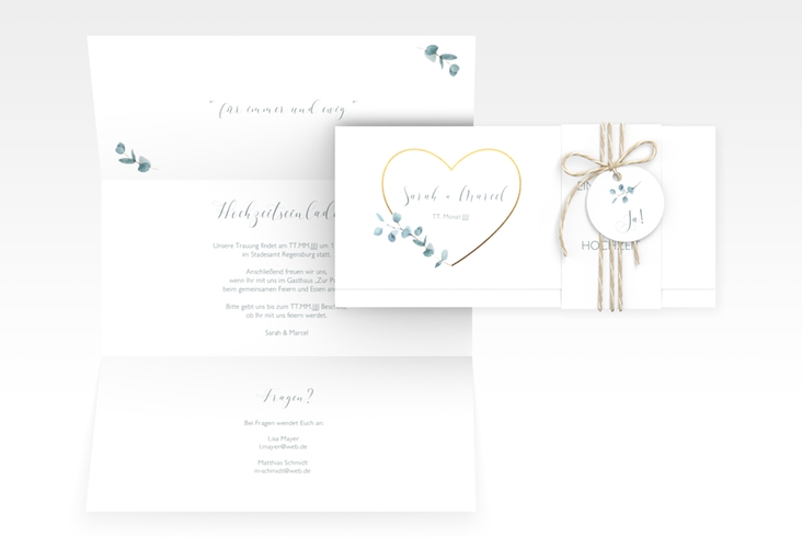 Hochzeitseinladung Greenheart Wickelfalzkarte + Banderole mit elegantem Herz und Eukalyptus-Zweig