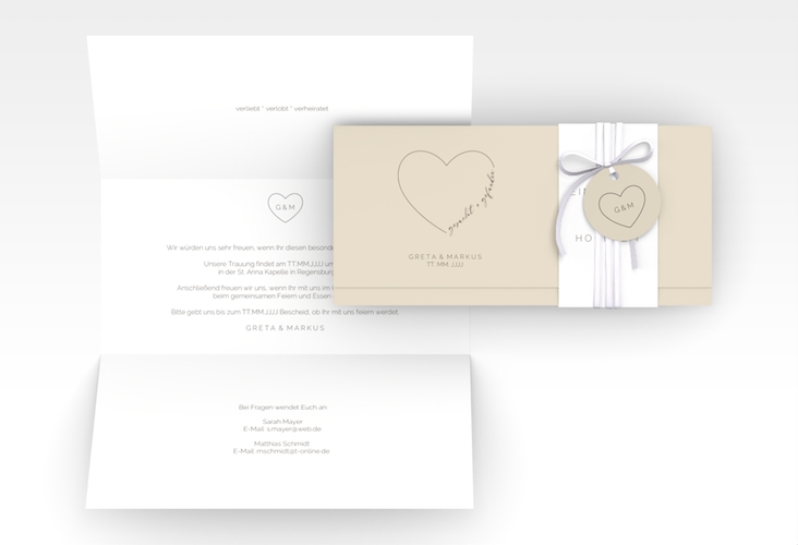 Hochzeitseinladung Lebenstraum Wickelfalzkarte + Banderole beige
