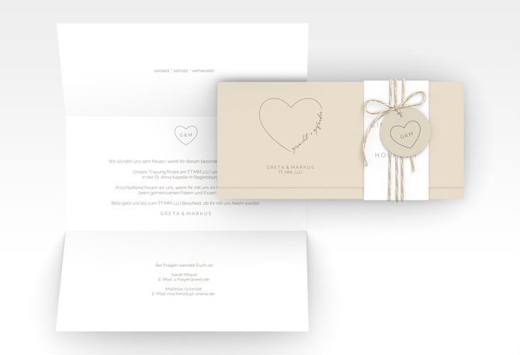Hochzeitseinladung Lebenstraum Wickelfalzkarte + Banderole beige