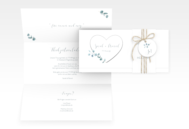 Hochzeitseinladung Greenheart Wickelfalzkarte + Banderole grau hochglanz mit elegantem Herz und Eukalyptus-Zweig