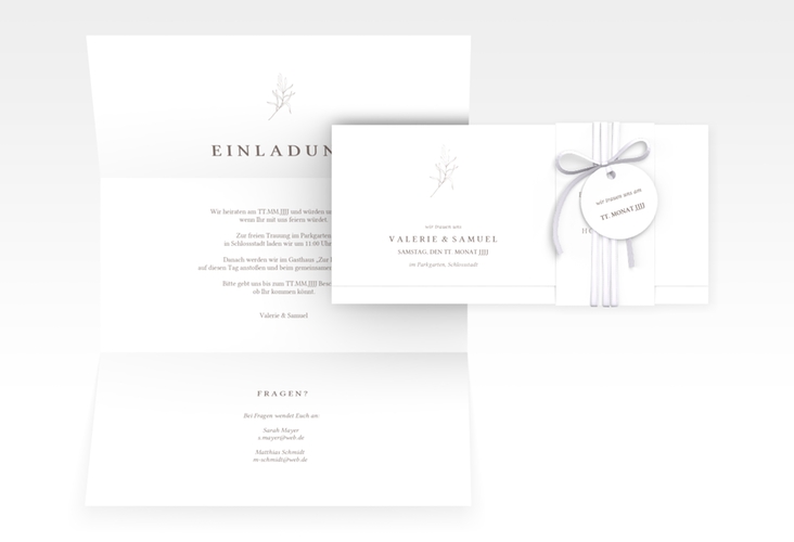 Hochzeitseinladung Ivy Wickelfalzkarte + Banderole weiss hochglanz minimalistisch mit kleiner botanischer Illustration