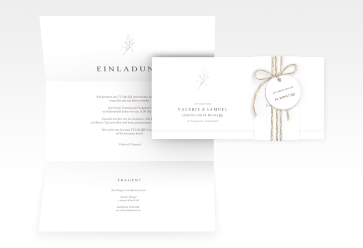 Hochzeitseinladung Ivy Wickelfalzkarte + Banderole hochglanz minimalistisch mit kleiner botanischer Illustration