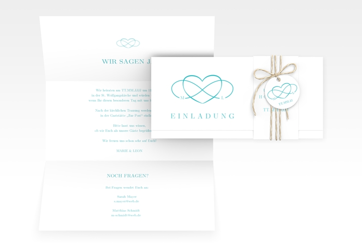 Hochzeitseinladung Infinity Wickelfalzkarte + Banderole tuerkis