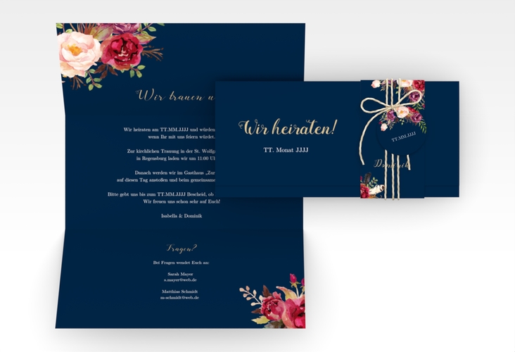 Hochzeitseinladung Flowers Wickelfalzkarte + Banderole blau mit bunten Aquarell-Blumen