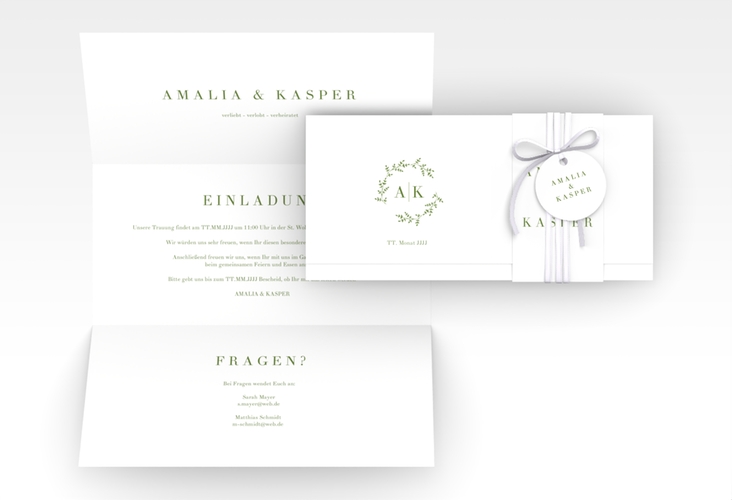Hochzeitseinladung Filigrana Wickelfalzkarte + Banderole gruen hochglanz in reduziertem Design mit Initialen und zartem Blätterkranz