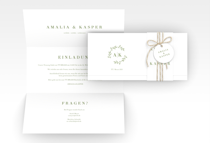 Hochzeitseinladung Filigrana Wickelfalzkarte + Banderole gruen hochglanz in reduziertem Design mit Initialen und zartem Blätterkranz