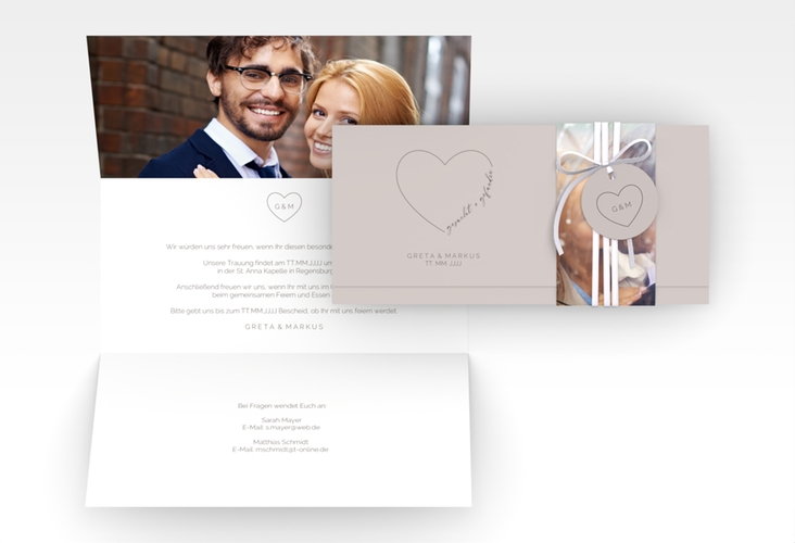 Hochzeitseinladung Lebenstraum Wickelfalzkarte + Banderole grau