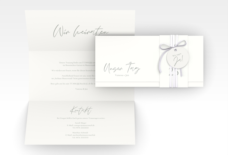 Hochzeitseinladung Day Wickelfalzkarte + Banderole weiss hochglanz mit Datum im minimalistischen Design