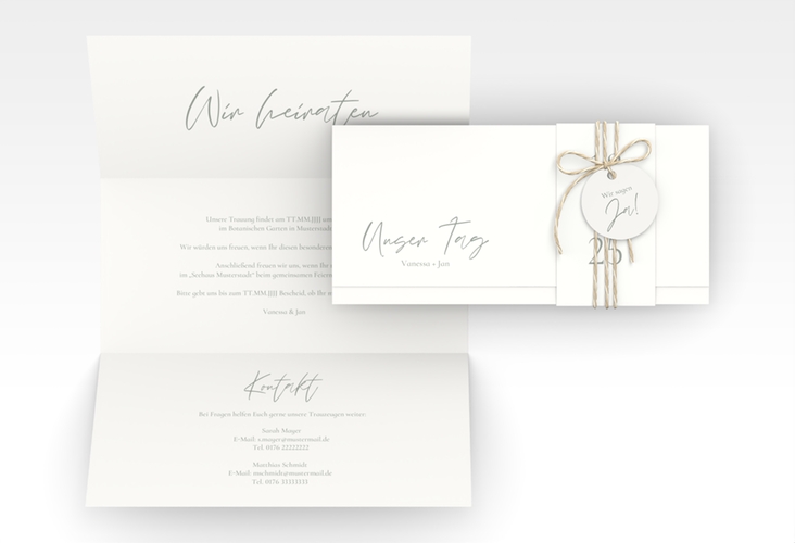 Hochzeitseinladung Day Wickelfalzkarte + Banderole weiss hochglanz mit Datum im minimalistischen Design