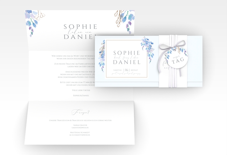 Hochzeitseinladung Blauregen Wickelfalzkarte + Banderole hochglanz mit Wisteria-Blüten