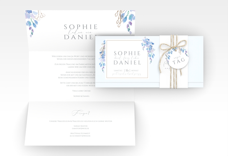 Hochzeitseinladung Blauregen Wickelfalzkarte + Banderole blau mit Wisteria-Blüten