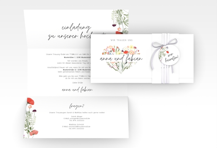 Hochzeitseinladung Wildblumenherz Wickelfalzkarte + Banderole bunt hochglanz