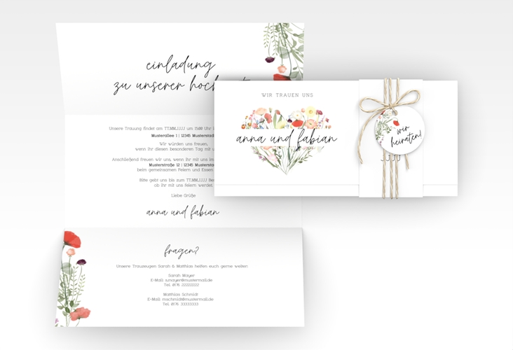 Hochzeitseinladung Wildblumenherz Wickelfalzkarte + Banderole bunt hochglanz