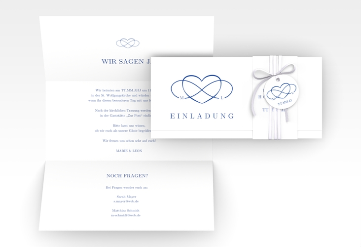 Hochzeitseinladung Infinity Wickelfalzkarte + Banderole blau