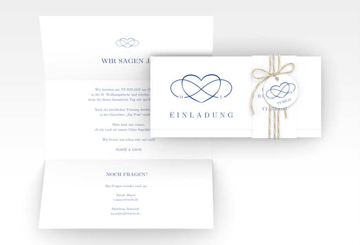 Hochzeitseinladung Infinity Wickelfalzkarte + Banderole blau
