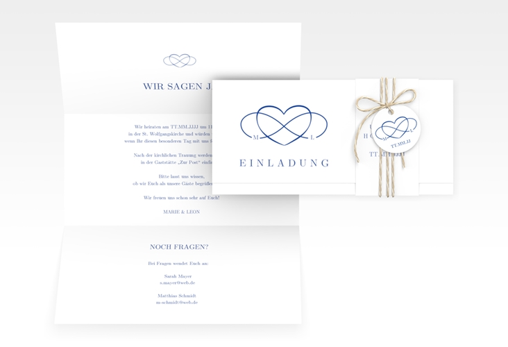 Hochzeitseinladung Infinity Wickelfalzkarte + Banderole blau