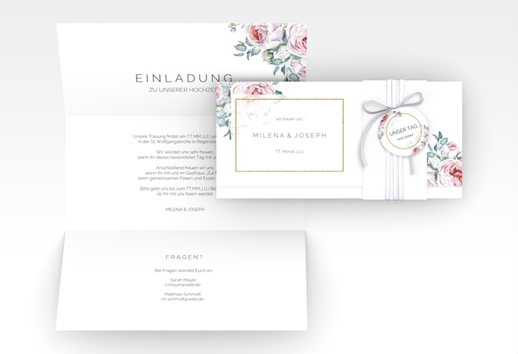 Hochzeitseinladung Embrace Wickelfalzkarte + Banderole weiss
