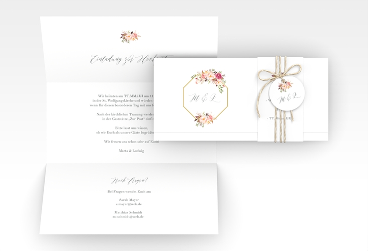 Hochzeitseinladung Prachtvoll Wickelfalzkarte + Banderole weiss