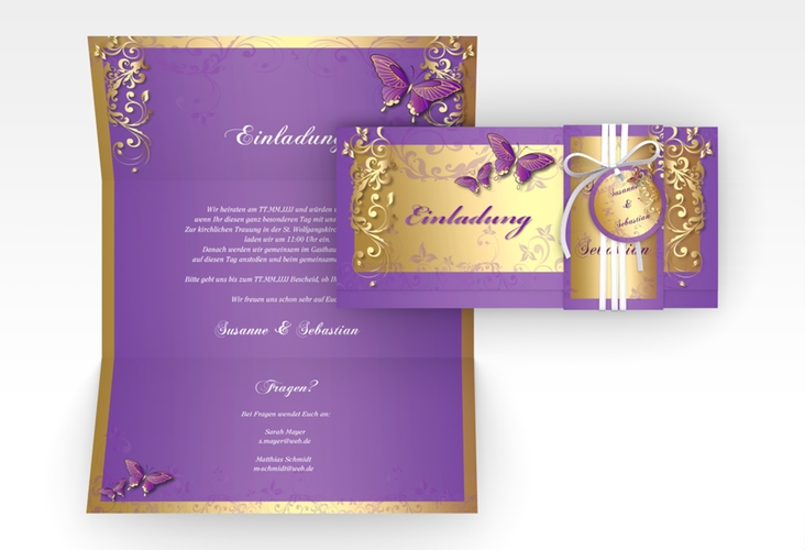 Hochzeitseinladung Toulouse Wickelfalzkarte + Banderole lila hochglanz