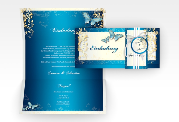 Hochzeitseinladung Toulouse Wickelfalzkarte + Banderole blau hochglanz