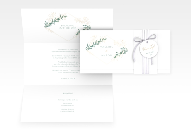 Hochzeitseinladung Verde Wickelfalzkarte + Banderole weiss
