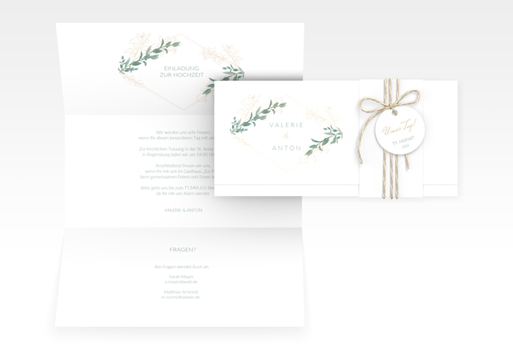 Hochzeitseinladung Verde Wickelfalzkarte + Banderole weiss