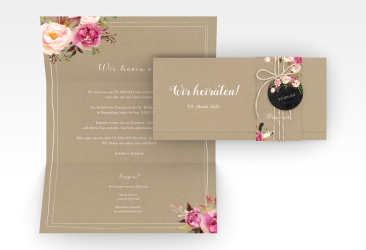 Hochzeitseinladung Flowers Wickelfalzkarte + Banderole Kraftpapier hochglanz mit bunten Aquarell-Blumen