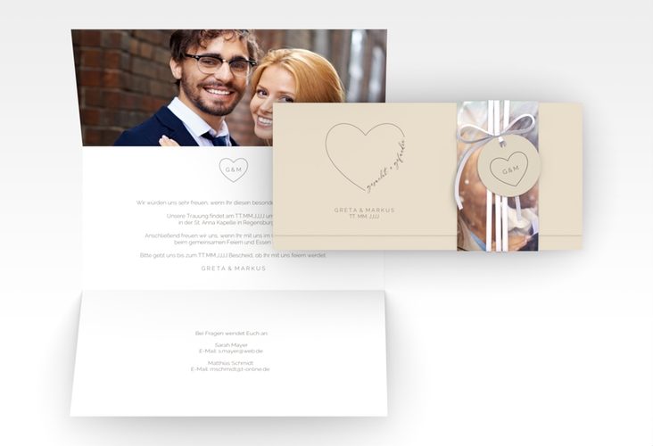 Hochzeitseinladung Lebenstraum Wickelfalzkarte + Banderole beige
