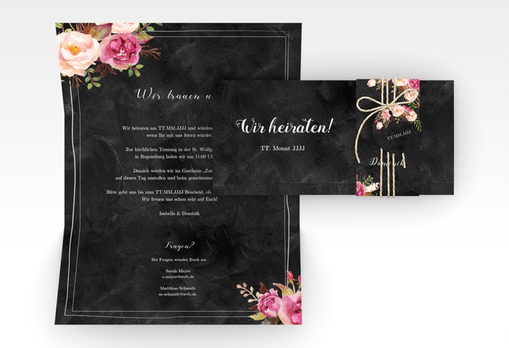Hochzeitseinladung Flowers Wickelfalzkarte + Banderole mit bunten Aquarell-Blumen