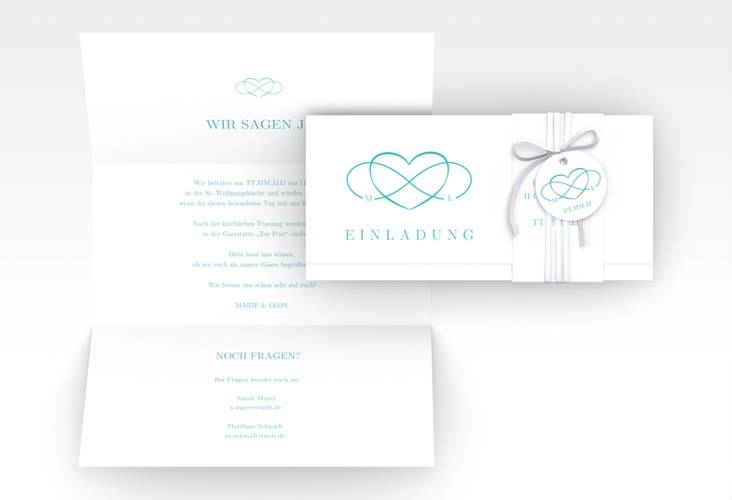 Hochzeitseinladung Infinity Wickelfalzkarte + Banderole tuerkis
