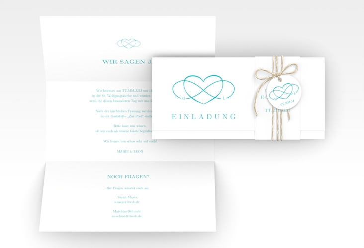 Hochzeitseinladung Infinity Wickelfalzkarte + Banderole tuerkis