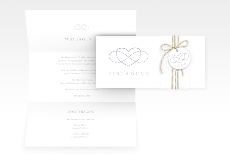 Hochzeitseinladung Infinity Wickelfalzkarte + Banderole grau