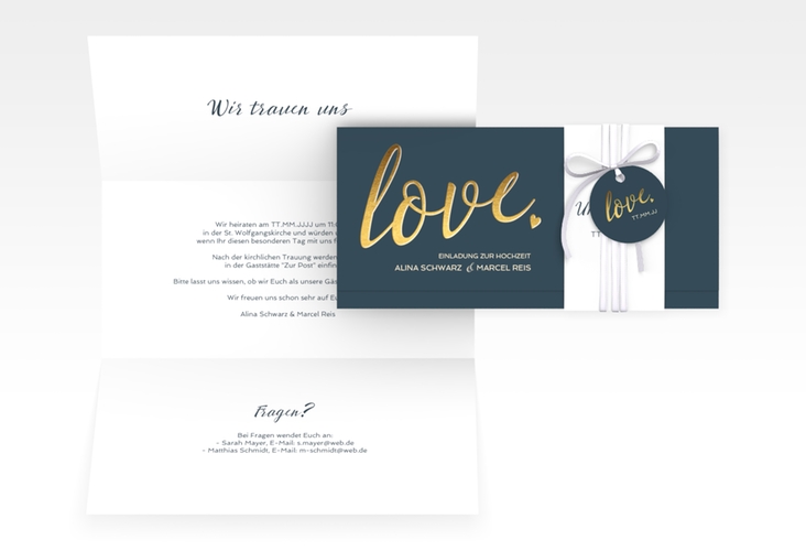 Hochzeitseinladung Glam Wickelfalzkarte + Banderole blau hochglanz