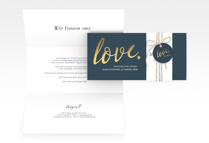 Hochzeitseinladung Glam Wickelfalzkarte + Banderole blau hochglanz