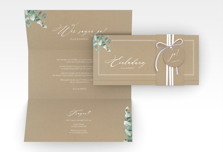 Hochzeitseinladung Eucalypt Wickelfalzkarte + Banderole Kraftpapier mit Eukalyptus und edlem Rahmen