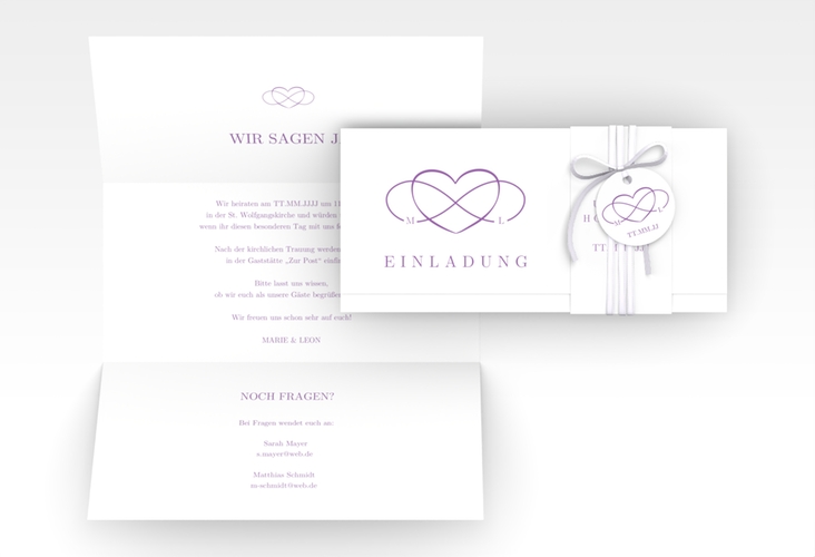 Hochzeitseinladung Infinity Wickelfalzkarte + Banderole lila