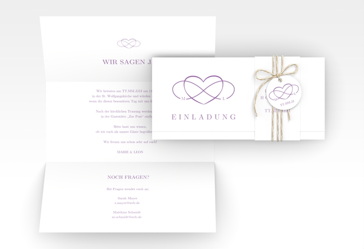 Hochzeitseinladung Infinity Wickelfalzkarte + Banderole lila