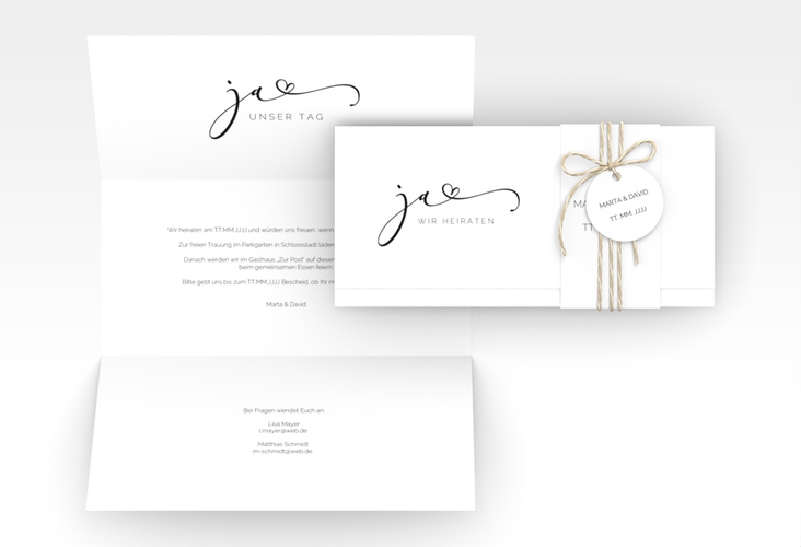 Hochzeitseinladung Jawort Wickelfalzkarte + Banderole weiss modern minimalistisch mit veredelter Aufschrift