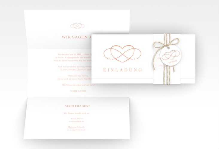 Hochzeitseinladung Infinity Wickelfalzkarte + Banderole apricot