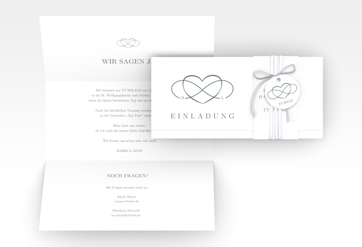 Hochzeitseinladung Infinity Wickelfalzkarte + Banderole gruen