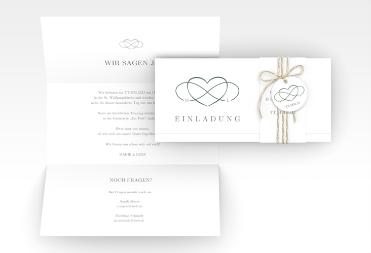 Hochzeitseinladung Infinity Wickelfalzkarte + Banderole gruen
