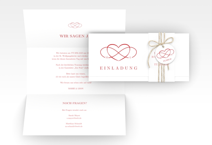 Hochzeitseinladung Infinity Wickelfalzkarte + Banderole rot