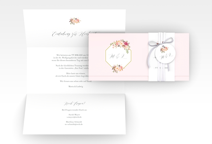 Hochzeitseinladung Prachtvoll Wickelfalzkarte + Banderole rosa