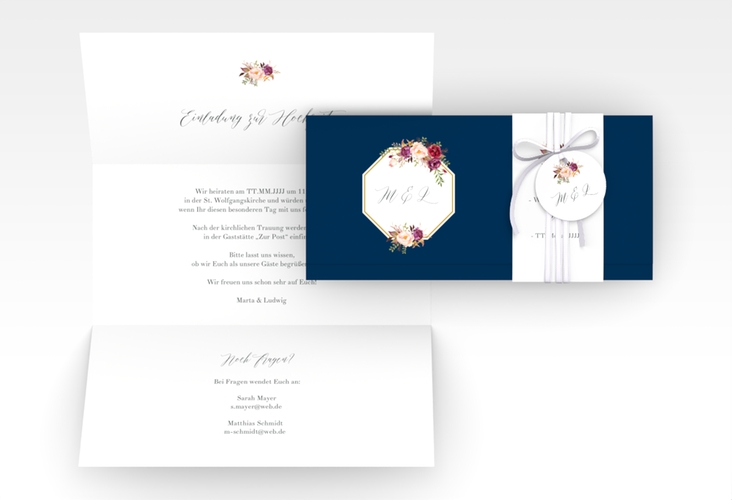 Hochzeitseinladung Prachtvoll Wickelfalzkarte + Banderole blau