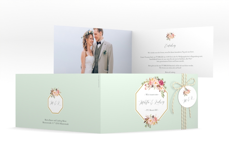 Hochzeitseinladung Prachtvoll lange Klappkarte quer mint hochglanz