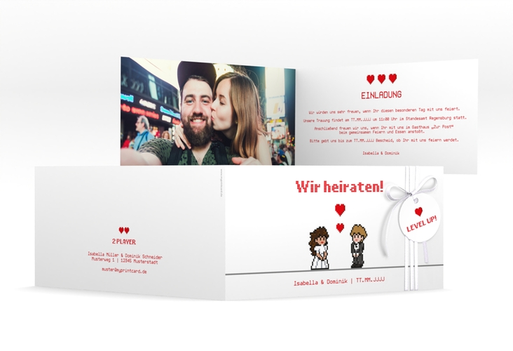 Hochzeitseinladung Pixel lange Klappkarte quer weiss hochglanz