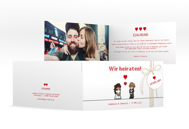 Hochzeitseinladung Pixel lange Klappkarte quer weiss hochglanz