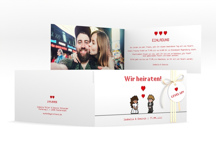 Hochzeitseinladung Pixel lange Klappkarte quer weiss hochglanz